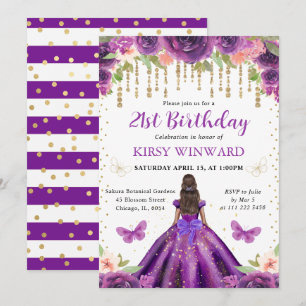 Invitation Princesse à peau foncée Robe violette Anniversaire