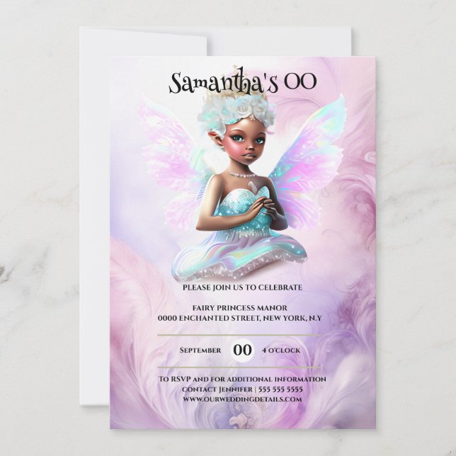 Invitation princesse africaine-américaine fée whimsical anniv (Devant)