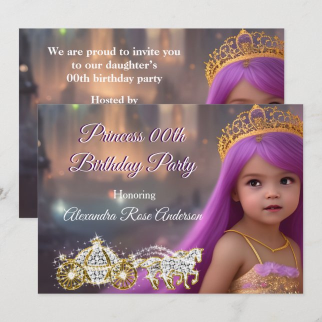 Invitation Princesse Anniversaire Carrie violet doré (Devant / Derrière)