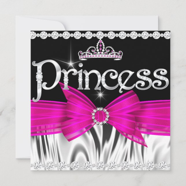 Invitation Princesse Anniversaire Chaud rose Bow Black Silver (Devant)