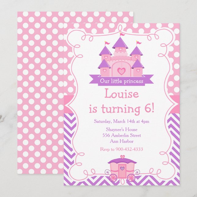 Invitation Princesse Anniversaire rose et violet (Devant / Derrière)