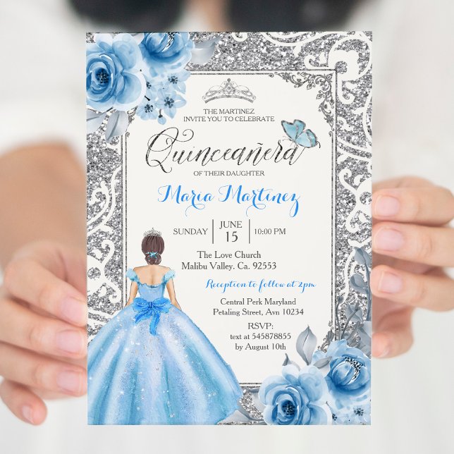 Invitation Princesse Argent et Roses Bleus Mis Quince (Créateur téléchargé)