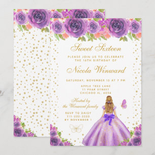 Invitation Princesse aux Cheveux Blonds Fleur Violette Sweet