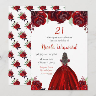 Invitation Princesse aux Cheveux Bruns Fête d'Anniversaire Fl