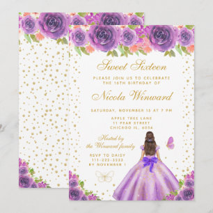 Invitation Princesse aux Cheveux Bruns Fleur Violette Sweet S