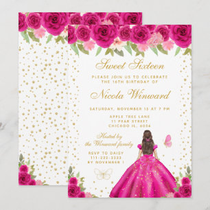 Invitation Princesse aux Cheveux Bruns Rose Chaud Sweet Sixte