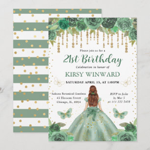 Invitation Princesse aux Cheveux Rouges et Robe Verte Anniver