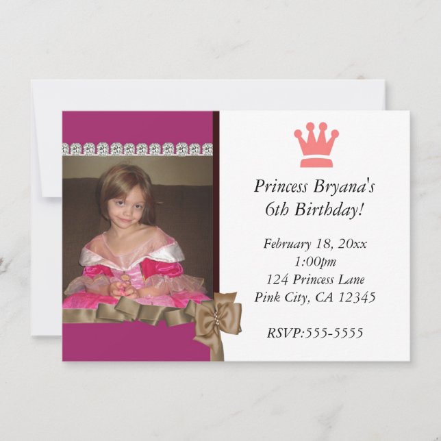 Invitation Princesse avec Couronne et Bow Party Photo Invitat (Devant)