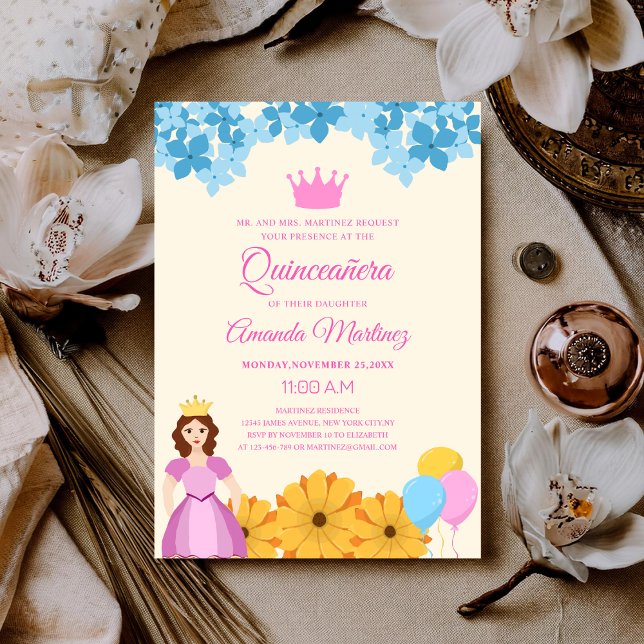Invitation princesse avec fleurs élégante vibrante quinceañer (Créateur téléchargé)