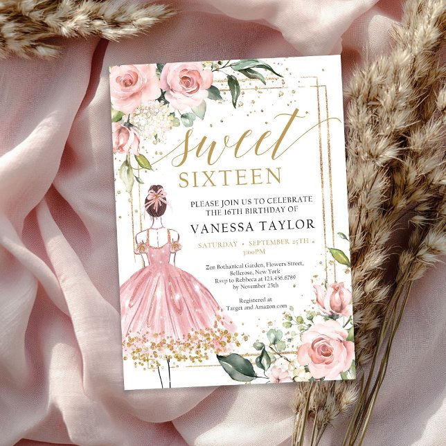 Invitation Princesse avec robe rose cadre floral or blush (Princess with pink dress blush floral gold frame invitation)