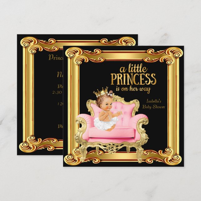 Invitation Princesse Baby shower Black Rose Gold Chaise (Devant / Derrière)