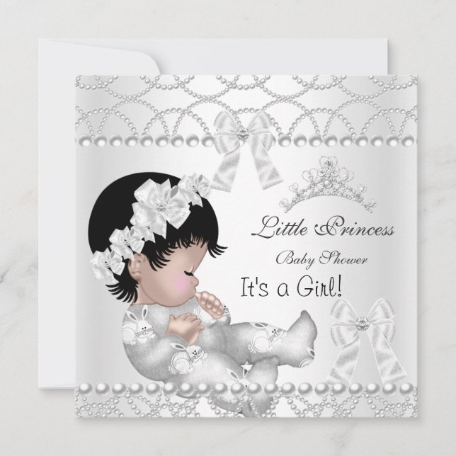 Invitation Princesse Baby shower fille argent blanc Tiara (Devant)