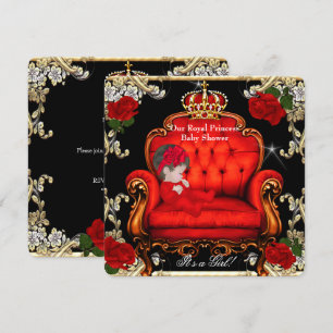 Invitation Princesse Baby Shower Fille Chaise Rose Rouge Or 2