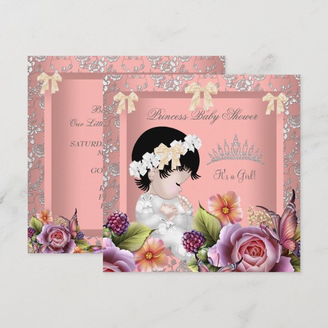 Invitation Princesse Baby shower Fille Corail Rose Rose Tiara (Devant / Derrière)