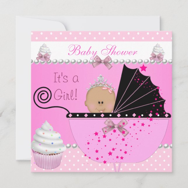 Invitation Princesse Baby shower Fille Cupcake rose saupoudre (Devant)