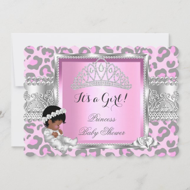 Invitation Princesse Baby shower fille Léopard gris rose 4 (Devant)