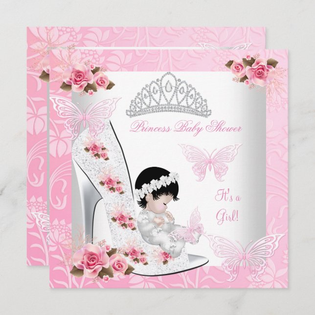 Invitation Princesse Baby shower Fille Papillon Chaussure Ros (Devant / Derrière)