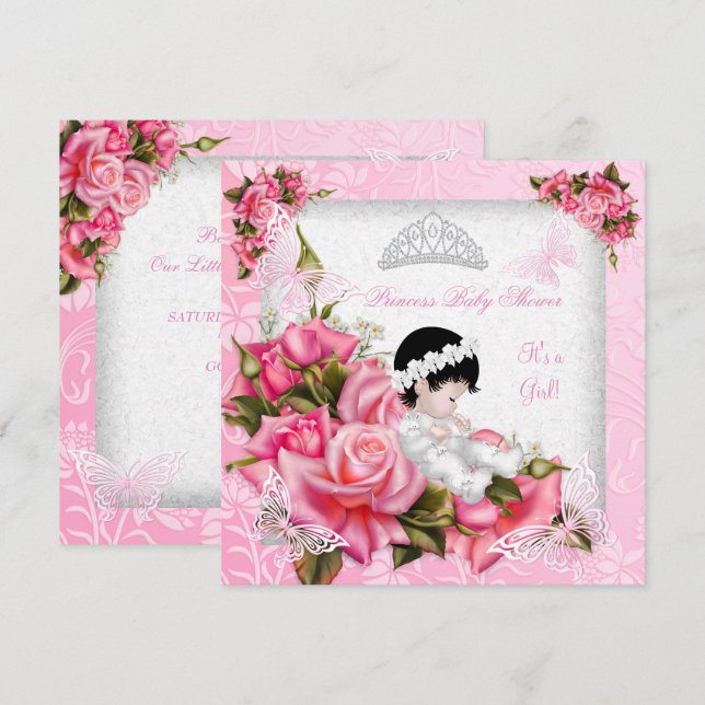 Invitation Princesse Baby shower Fille Papillon Rose rose (Devant / Derrière)