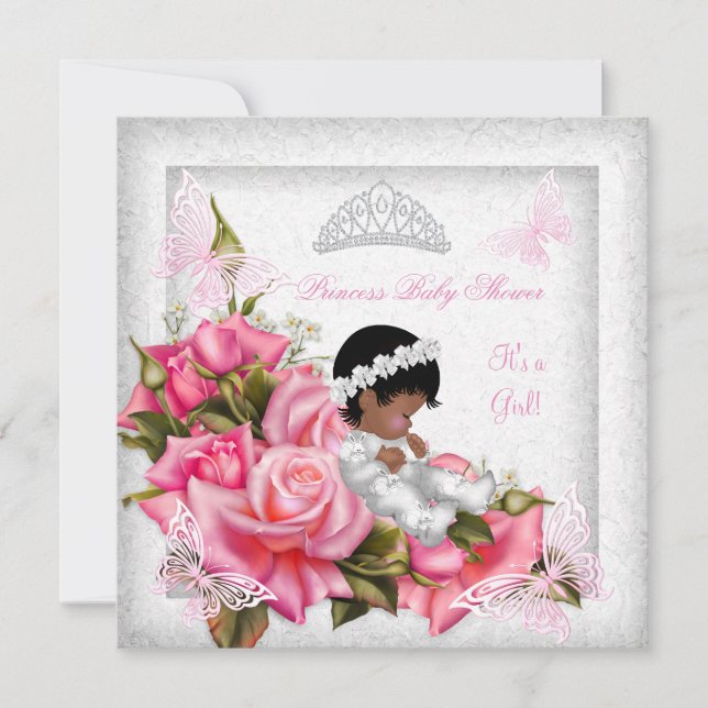 Invitation Princesse Baby shower Fille Papillon rose Rose Ros (Devant)