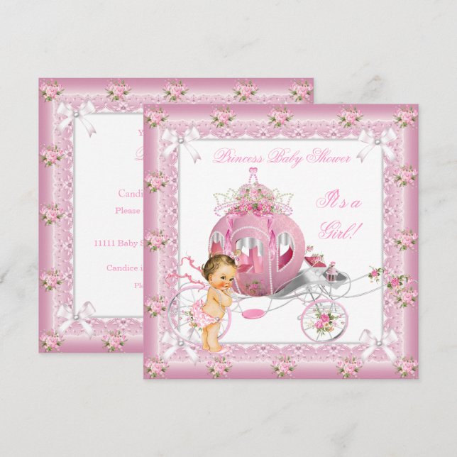 Invitation Princesse Baby shower fille perles roses Brunette (Devant / Derrière)