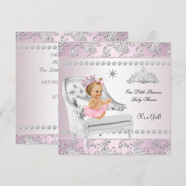 Invitation Princesse Baby shower Fille rose Argent Chaise blo (Devant / Derrière)