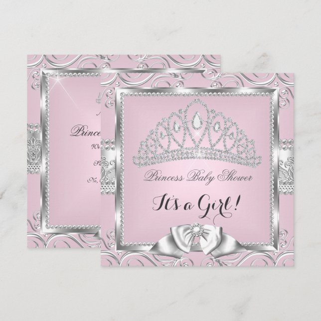 Invitation Princesse Baby shower fille rose argent damask (Devant / Derrière)