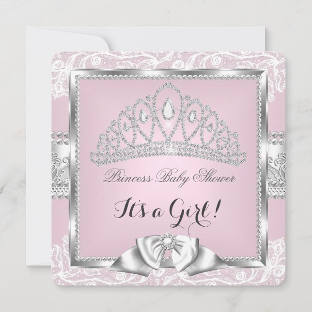 Invitation Princesse Baby shower fille rose argent dentelle 4 (Devant)