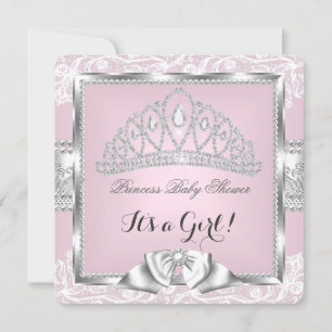 Invitation Princesse Baby shower fille rose argent dentelle 4