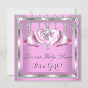 Invitation Princesse Baby Shower Fille Rose Argent Diamant