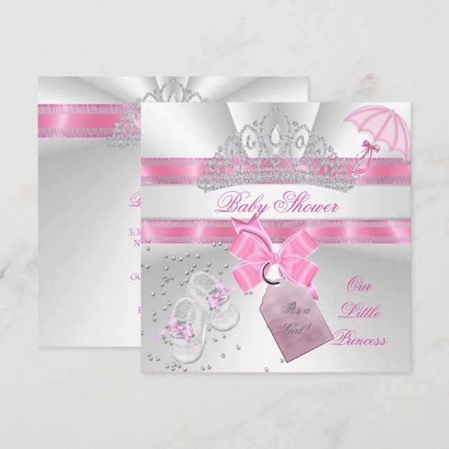 Invitation Princesse Baby shower fille rose blanche Tiara Mag (Devant / Derrière)