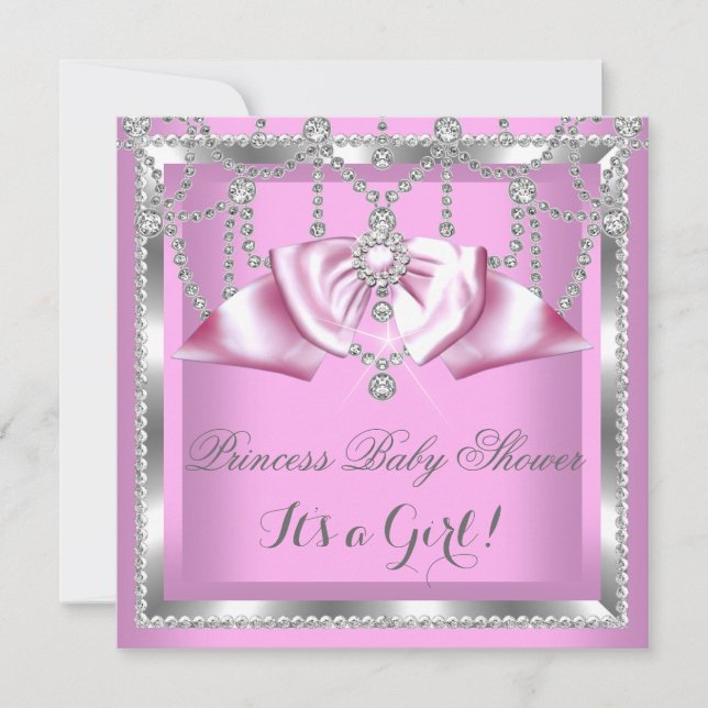 Invitation Princesse Baby shower fille rose diamant d'argent (Devant)