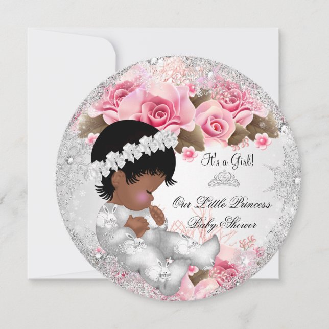 Invitation Princesse Baby shower Fille rose Flocon de neige R (Devant)