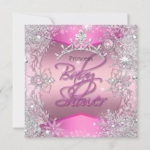 Invitation Princesse Baby Shower Fille Rose Flocons d'Argent 