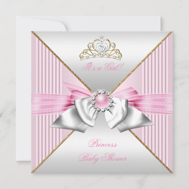 Invitation Princesse Baby shower fille rose perle or argent 2 (Devant)