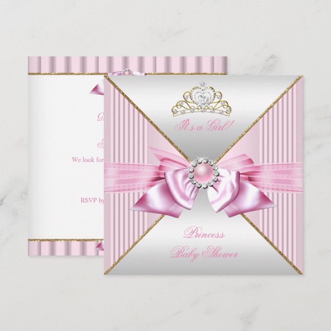 Invitation Princesse Baby shower fille rose perle or blanc 3 (Devant / Derrière)
