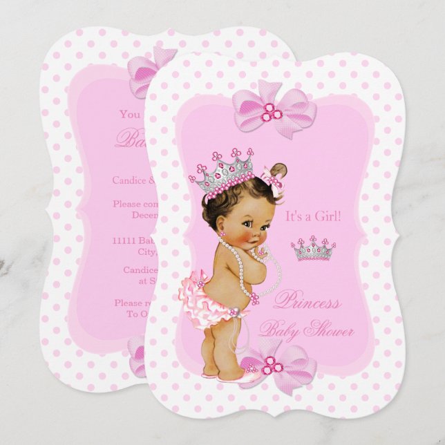 Invitation Princesse Baby shower fille rose Poka Dot Brunette (Devant / Derrière)