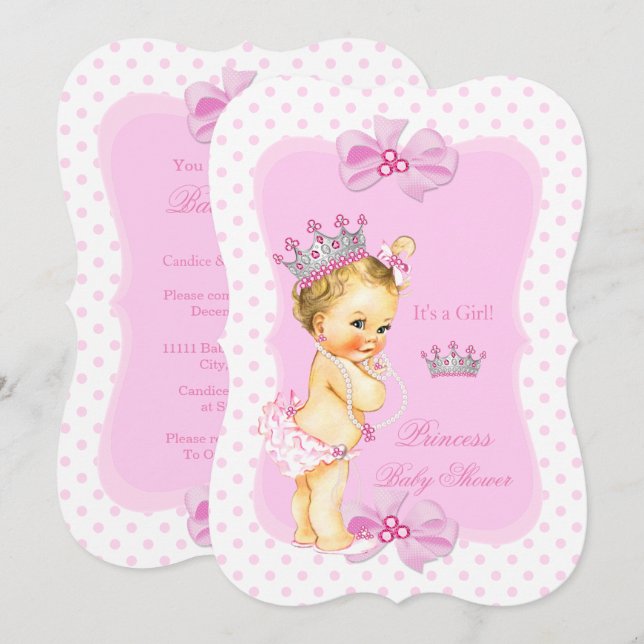 Invitation Princesse Baby shower fille rose Polka Dot Blonde (Devant / Derrière)