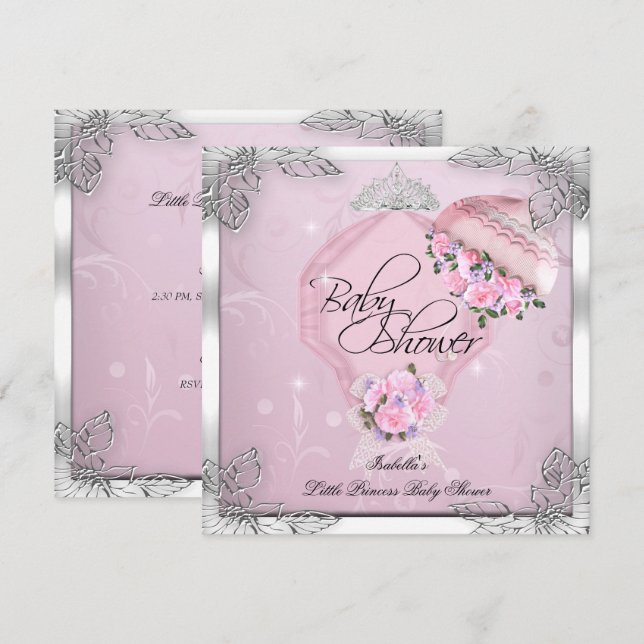 Invitation Princesse Baby shower fille rose Roses en argent (Devant / Derrière)