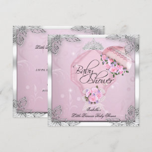 Invitation Princesse Baby shower fille rose Roses en argent