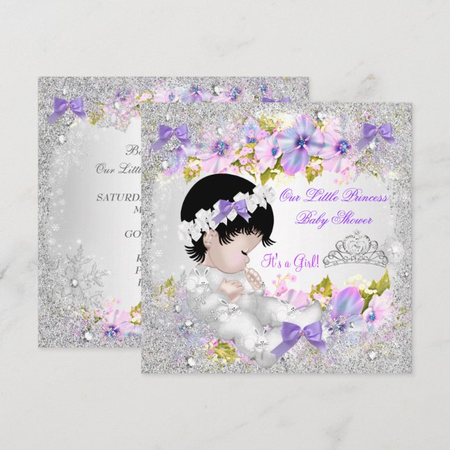 Invitation Princesse Baby shower Fille rose violet Flocon de  (Devant / Derrière)