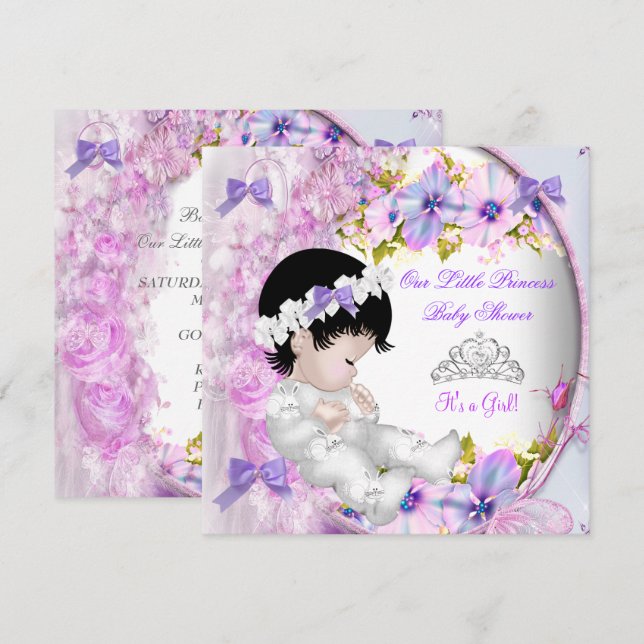 Invitation Princesse Baby shower fille rose violet floral 3 (Devant / Derrière)
