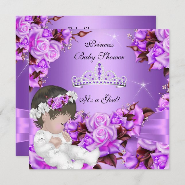 Invitation Princesse Baby shower fille rose violet Rose Bow 3 (Devant / Derrière)