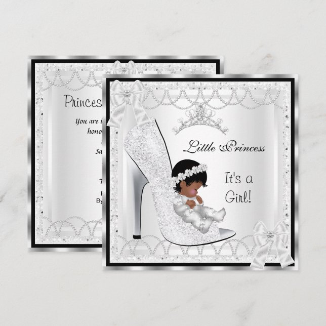 Invitation Princesse Baby shower fille Silver Chaussure blanc (Devant / Derrière)