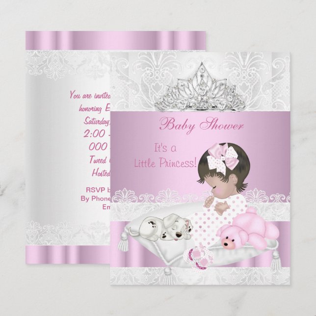 Invitation Princesse Baby shower fille Tiara Lace (Devant / Derrière)