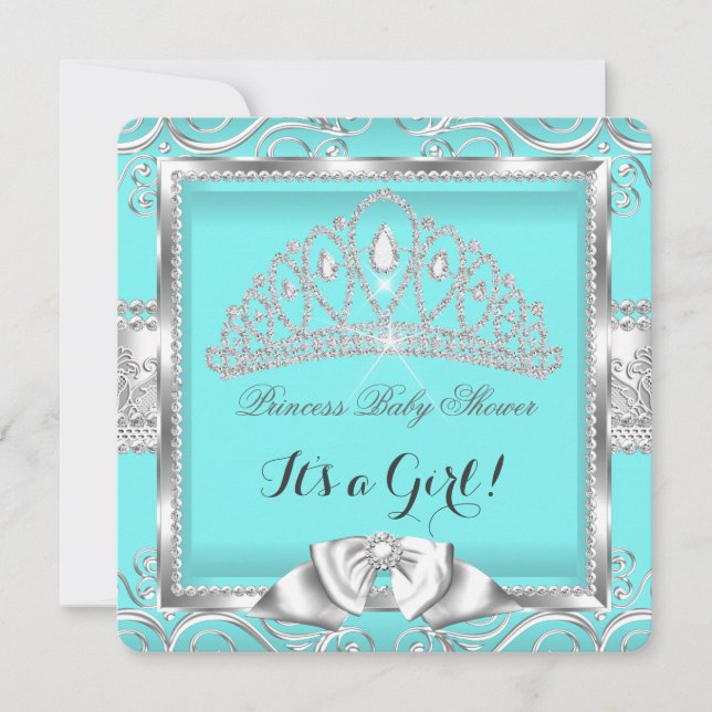 Invitation Princesse Baby shower fille Turquoise Argent damas (Devant)
