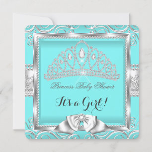Invitation Princesse Baby shower fille Turquoise Argent damas