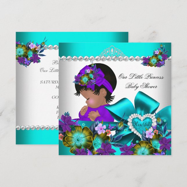 Invitation Princesse Baby shower fille Turquoise bleu pourpre (Devant / Derrière)