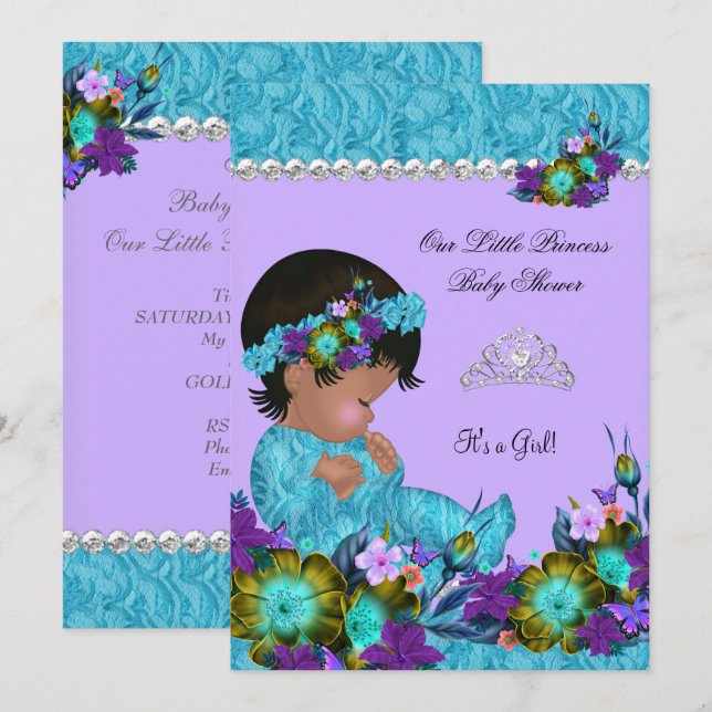 Invitation Princesse Baby shower fille Turquoise bleu pourpre (Devant / Derrière)