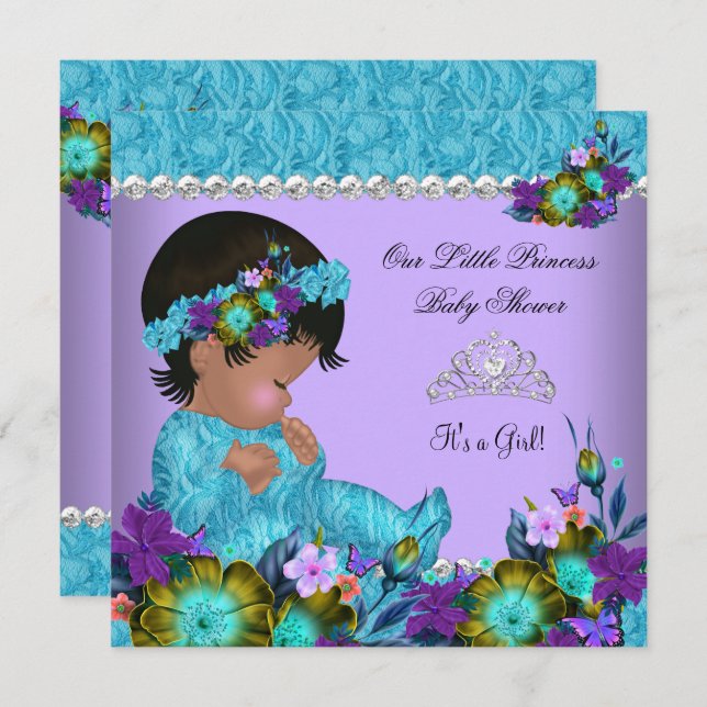Invitation Princesse Baby shower fille Turquoise bleu pourpre (Devant / Derrière)