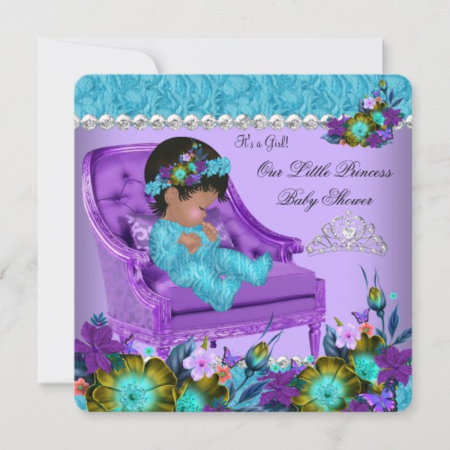 Invitation Princesse Baby shower Fille Turquoise Bleu pourpre (Devant)